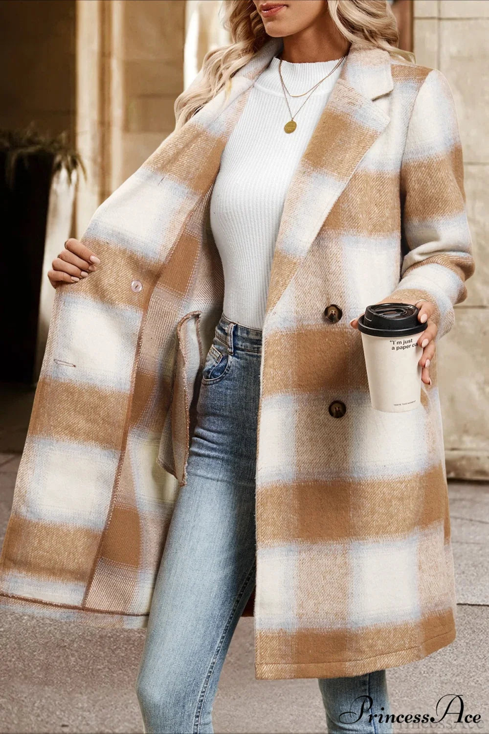 Vintage Sanded Plaid Tailored Collar Midi Wool Coat