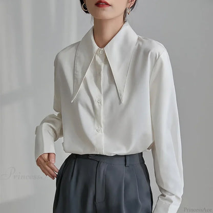 Vintage Satin Silk Turn Down Collar Blouse