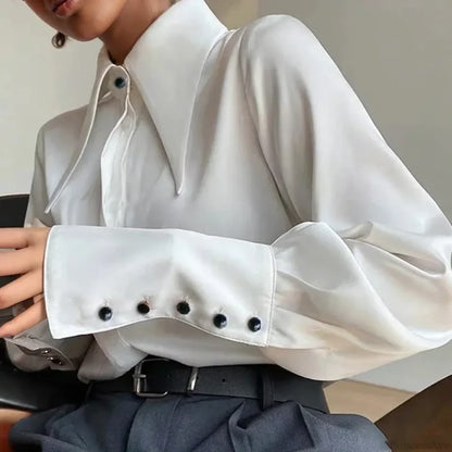 Vintage Satin Silk Turn Down Collar Blouse