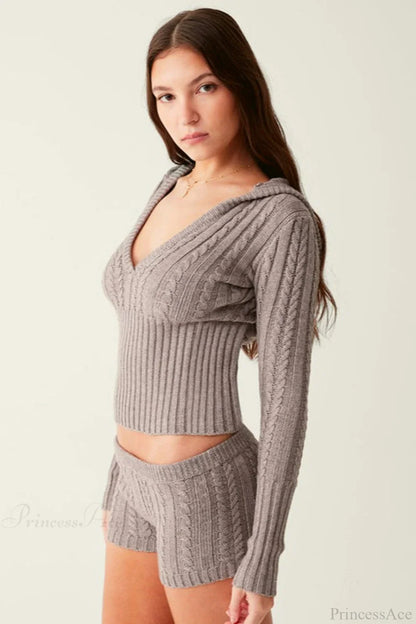 Vintage Sexy Knit Hooded Long Sleeve Cropped Two Piece Set
