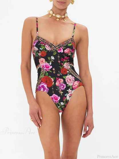 Traje de baño de una pieza con estampado vintage y espalda descubierta