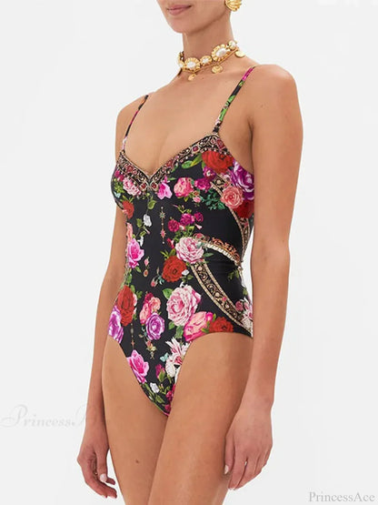 Traje de baño de una pieza con estampado vintage y espalda descubierta