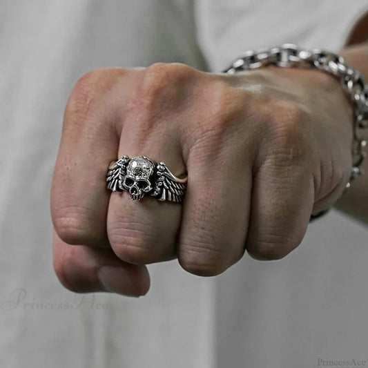 Vintage Wings Skeleton Head Dark Ring