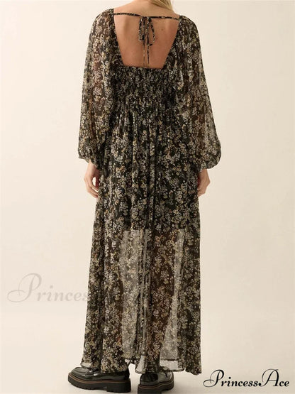 Vintage Women Bohemian Floral Print Summer Sleeve V Neck High Waist Chiffon Flowy Vestidos