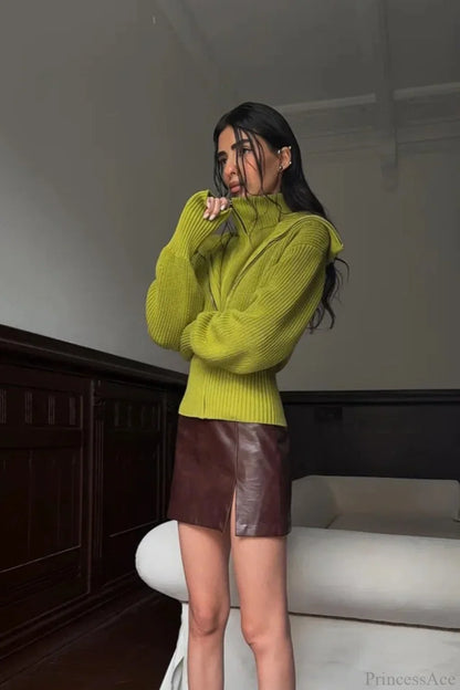 VintageTwo-in-one Solid Wide Lapel Zipper Sweater