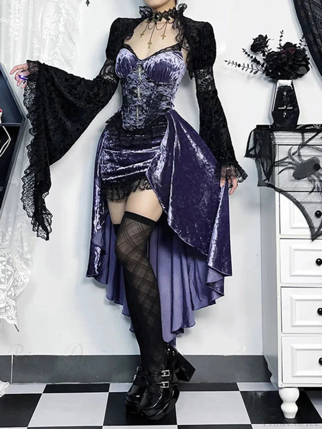 Violet Lace Cross Bodice Midi Dress