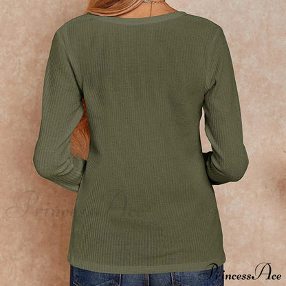 Waffle Neck Tops Knit Henley V for Women