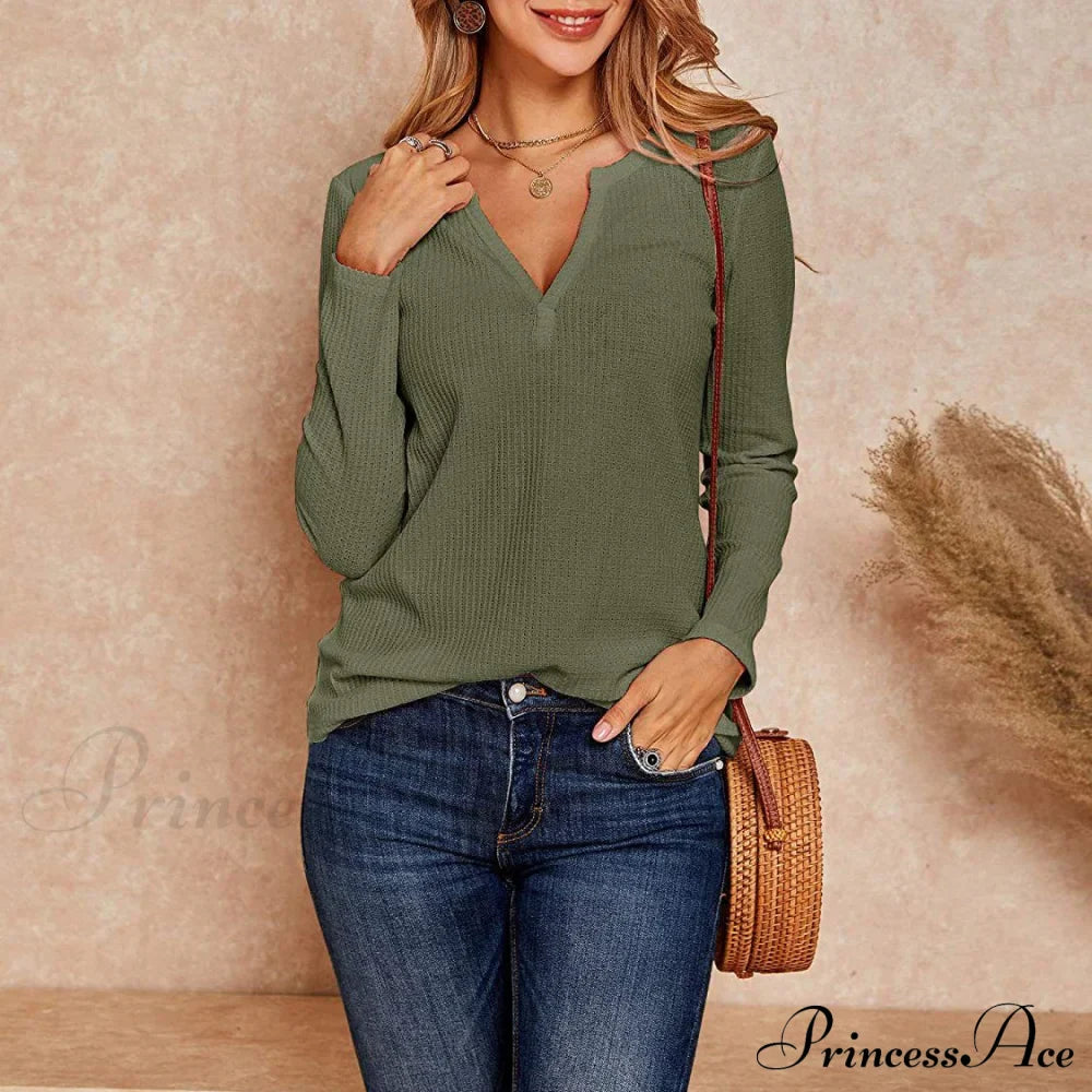 Waffle Neck Tops Knit Henley V for Women