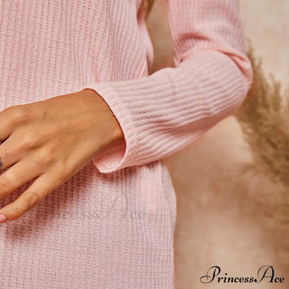 Waffle Neck Tops Knit Henley V for Women