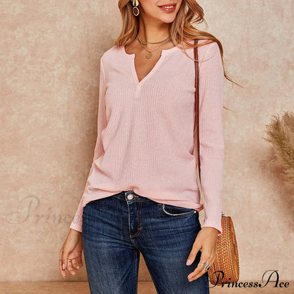 Waffle Neck Tops Knit Henley V for Women