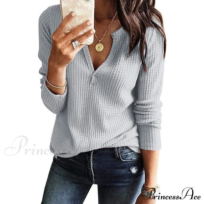 Waffle Neck Tops Knit Henley V for Women