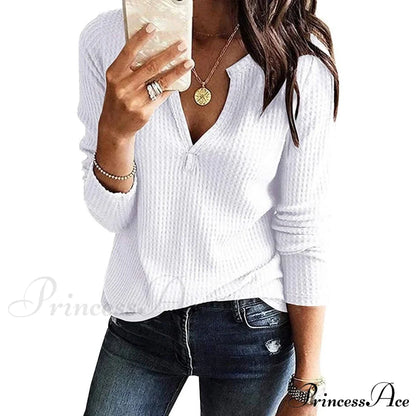 Waffle Neck Tops Knit Henley V for Women