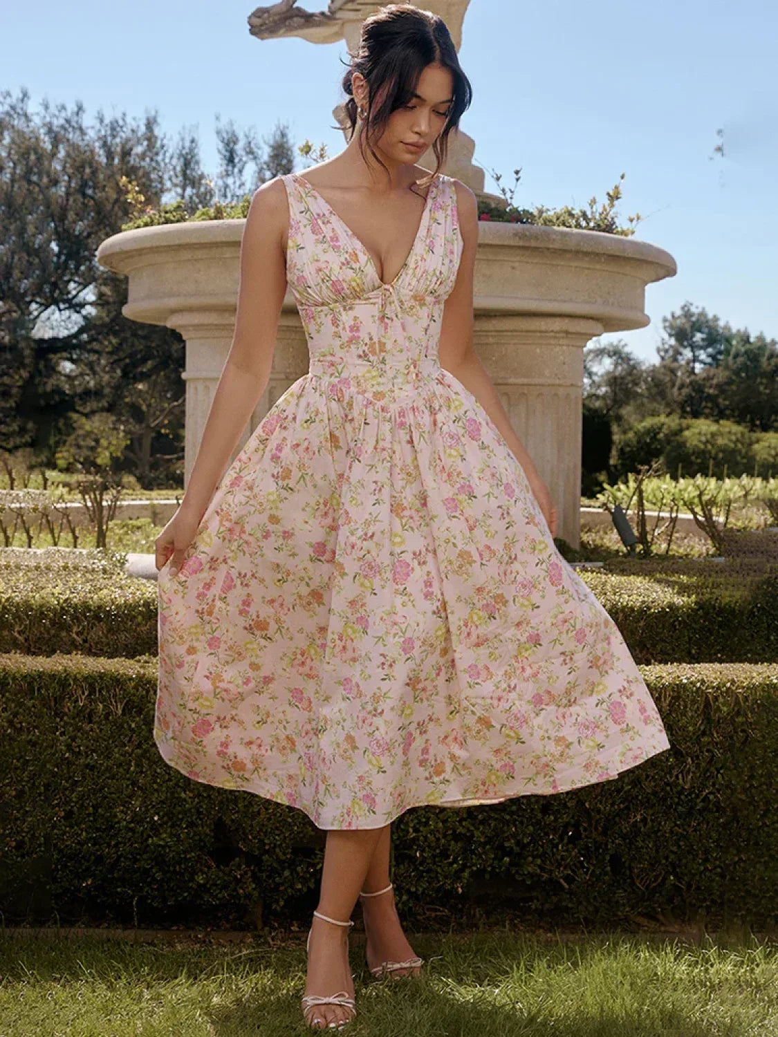 Waist Wrap Spaghetti Strap Print Floral Dress