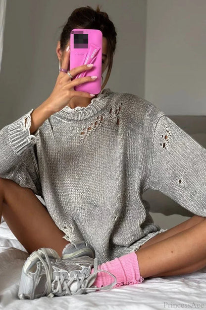 Washed Crew Neck Distressed Mid-Length Sweater