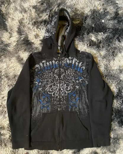 Washed Gothic Letter Zipper Hoodie