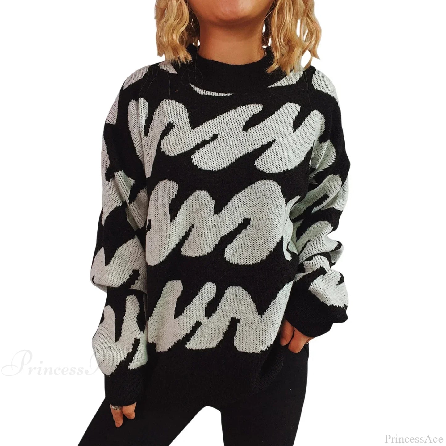 Wave Stripe Print Crew Neck Warm Sweater