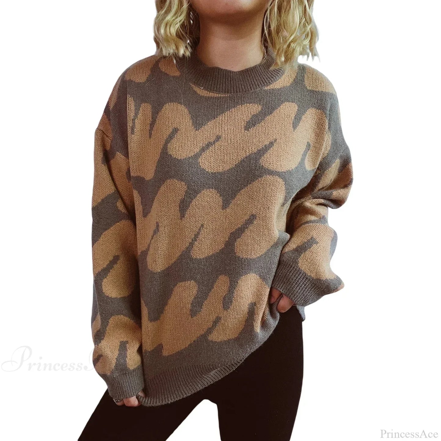 Wave Stripe Print Crew Neck Warm Sweater