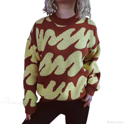 Wave Stripe Print Crew Neck Warm Sweater