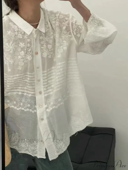 White Cotton Embroidery Lace Long Sleeve Boho Beach Blouse