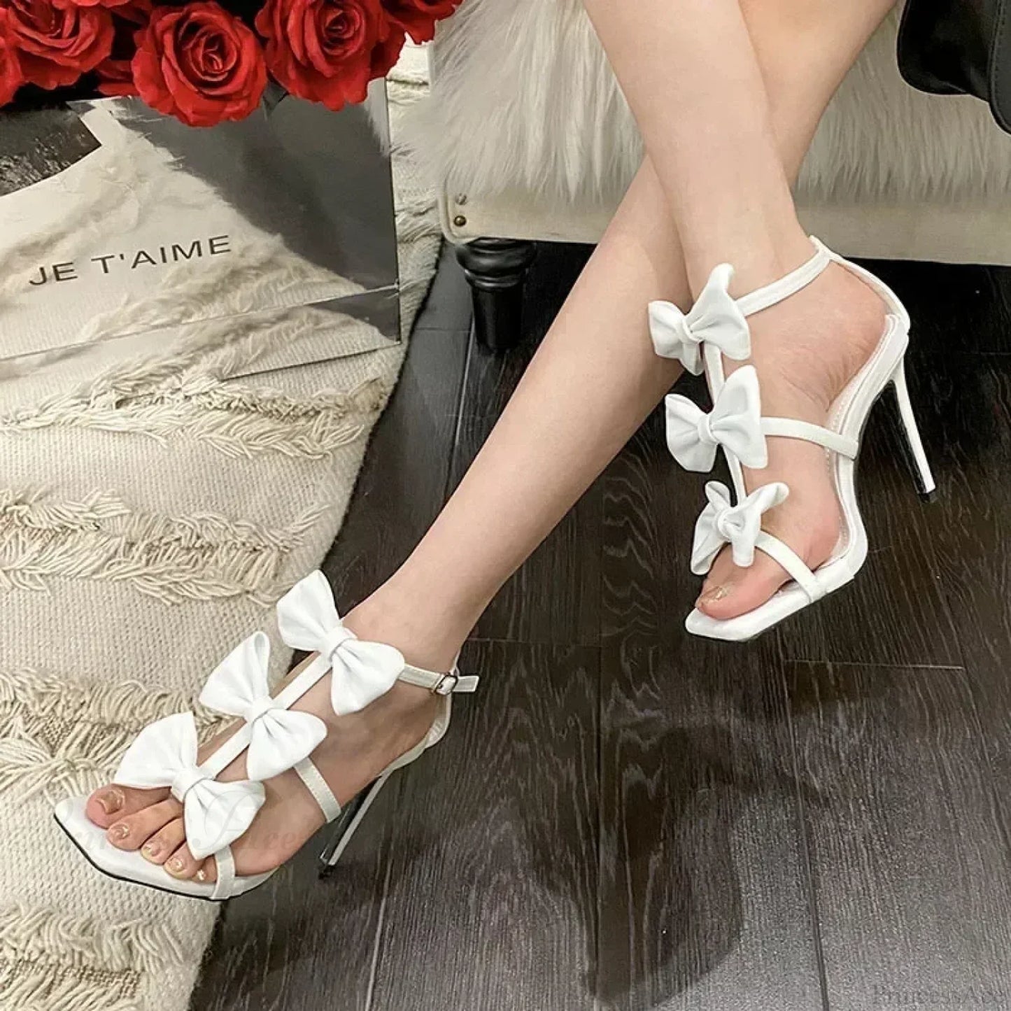 White French Women Sandals Summer Square Head Peep Toe Butterfly KnotBuckle Strap Super High Heels Party Shoe High Heel