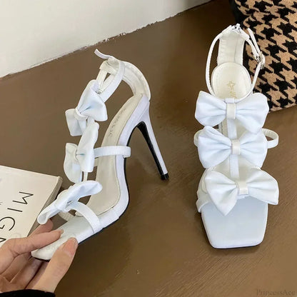 White French Women Sandals Summer Square Head Peep Toe Butterfly KnotBuckle Strap Super High Heels Party Shoe High Heel