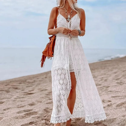 White Hollow Out Lace Strapless Sexy Split Midi Boho Dress