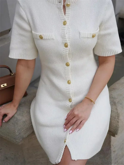 White Knit Pocket Mini Dress