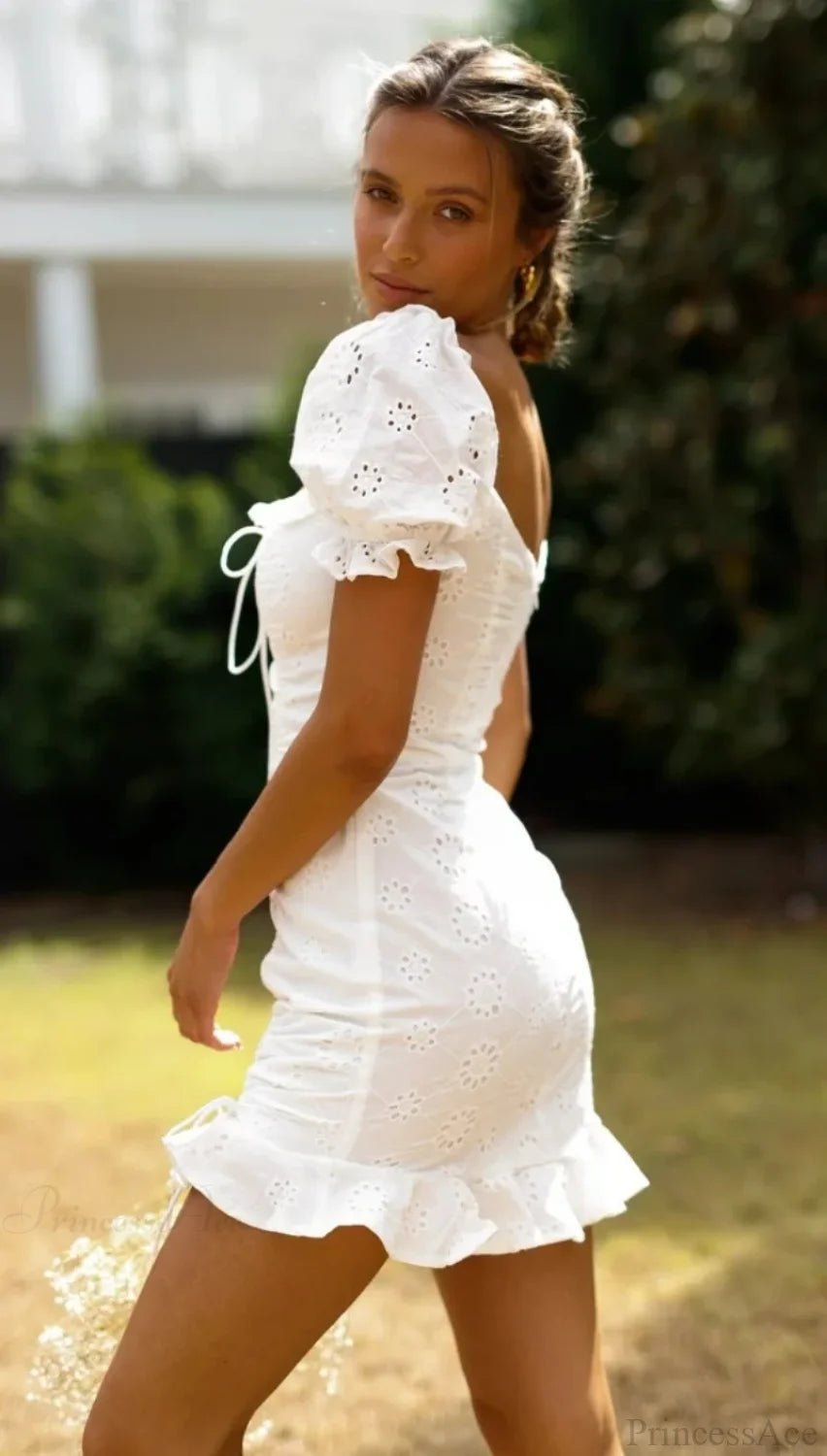 White Lace Cotton Short Sleeve Bodycon Mini Boho Dress