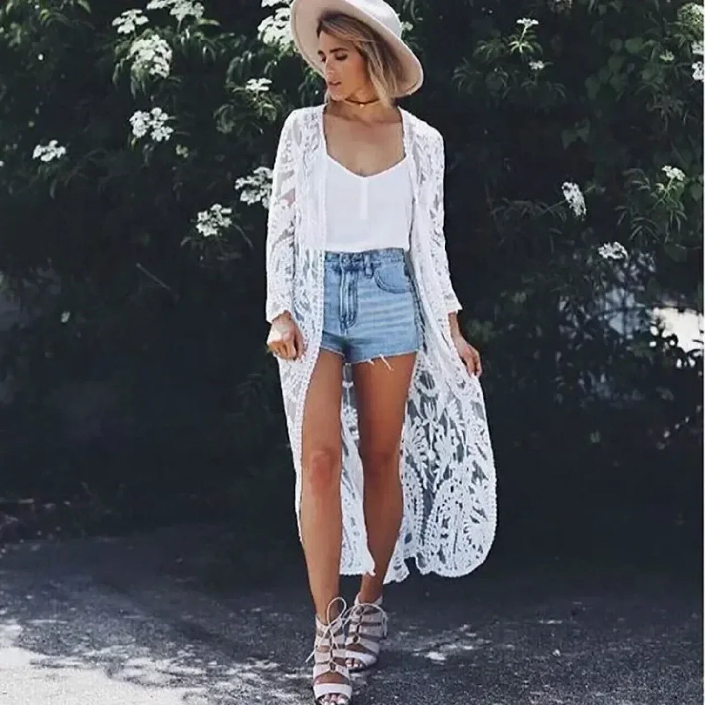 White Lace Floral Embroidery Boho Cover up