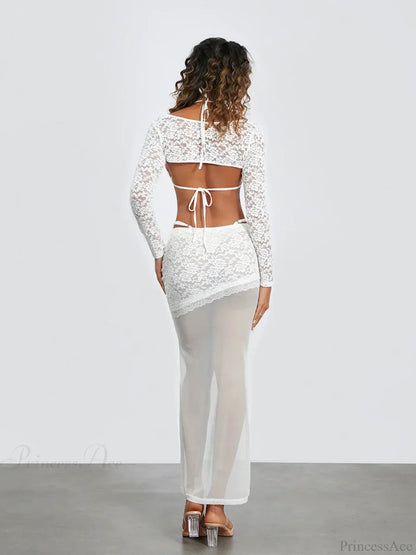 White Lace Patchwork Cropped Shrug Floral Skirt Set