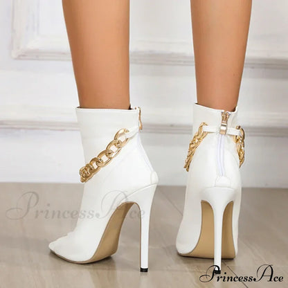 White Leather Ankle Sandals with Metal Chain Design and Thin Heels
Peep Toe Zip Boots for Women with High Quality Leather
Fashionable White Pumps with Metal Chain Detail and Thin Heels