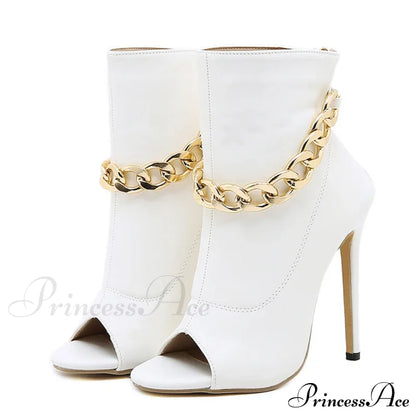 White Leather Ankle Sandals with Metal Chain Design and Thin Heels
Peep Toe Zip Boots for Women with High Quality Leather
Fashionable White Pumps with Metal Chain Detail and Thin Heels