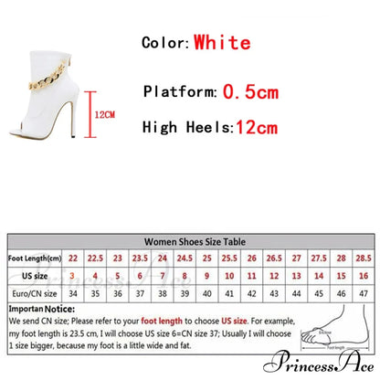 White Leather Ankle Sandals with Metal Chain Design and Thin Heels
Peep Toe Zip Boots for Women with High Quality Leather
Fashionable White Pumps with Metal Chain Detail and Thin Heels