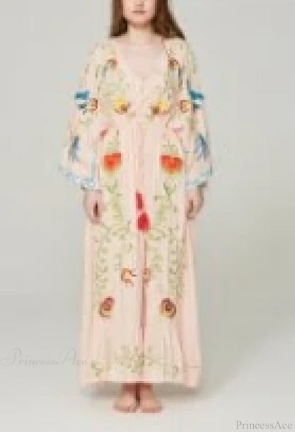 White Maxi Dress Cotton Floral Embroidery Sexy V-neck Beach Dress