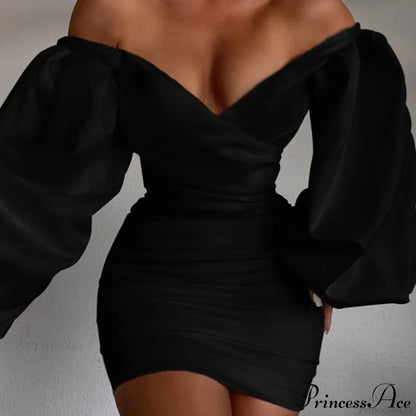 White Off Shoulder Puff Long Sleeve Satin Dress