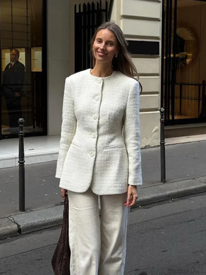 White Round Neck Single Breasted Coat
