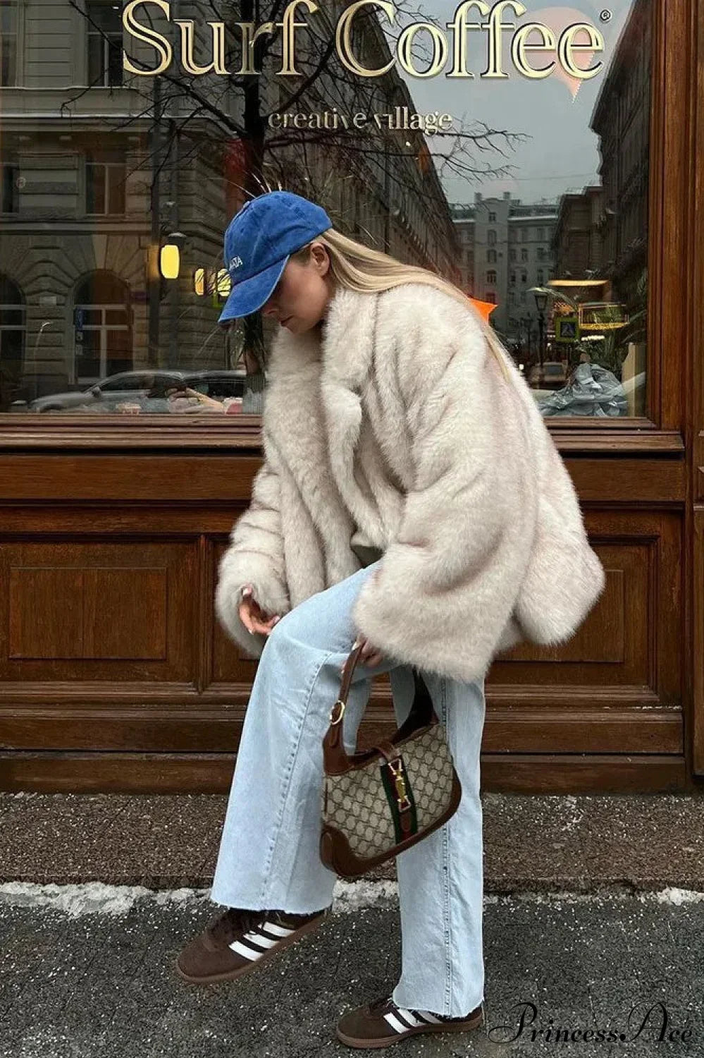 White Tip-Dyed Faux Fox Fur Mid-Length Coat