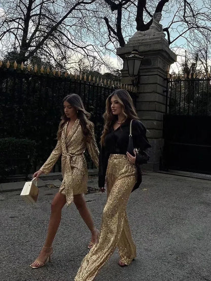 Wide Leg Pants High Waist Sequins Long Pants