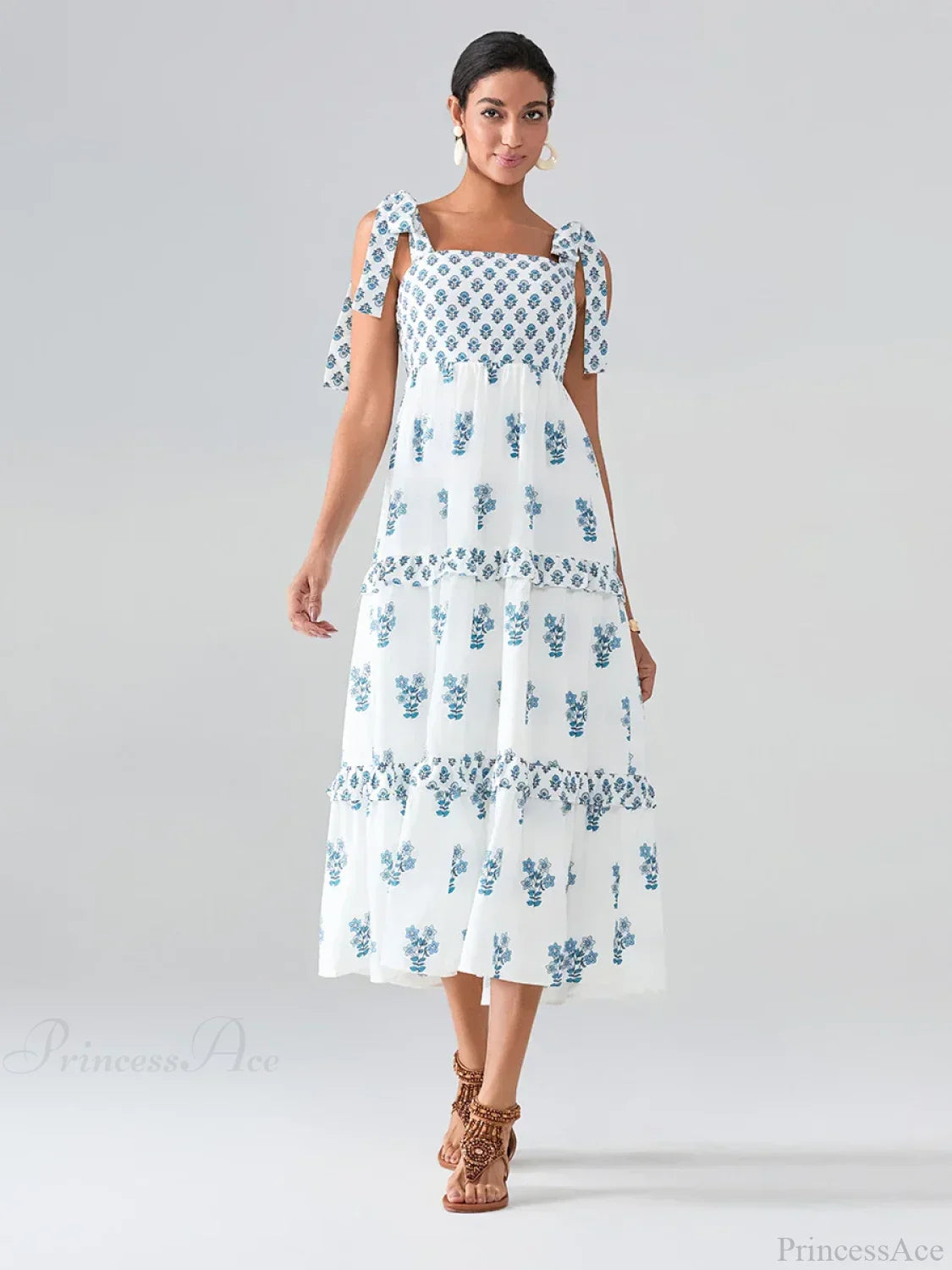 Wide Straps Flowy Floral Bohemian Beach Frill Trim Square Neck A-Line Dress
