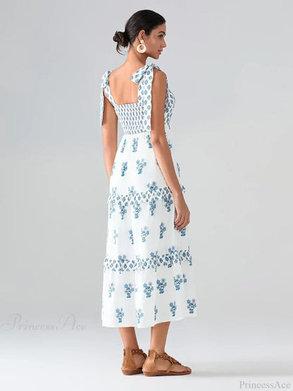 Wide Straps Flowy Floral Bohemian Beach Frill Trim Square Neck A-Line Dress