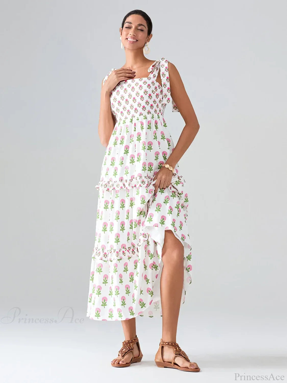 Wide Straps Flowy Floral Bohemian Beach Frill Trim Square Neck A-Line Dress