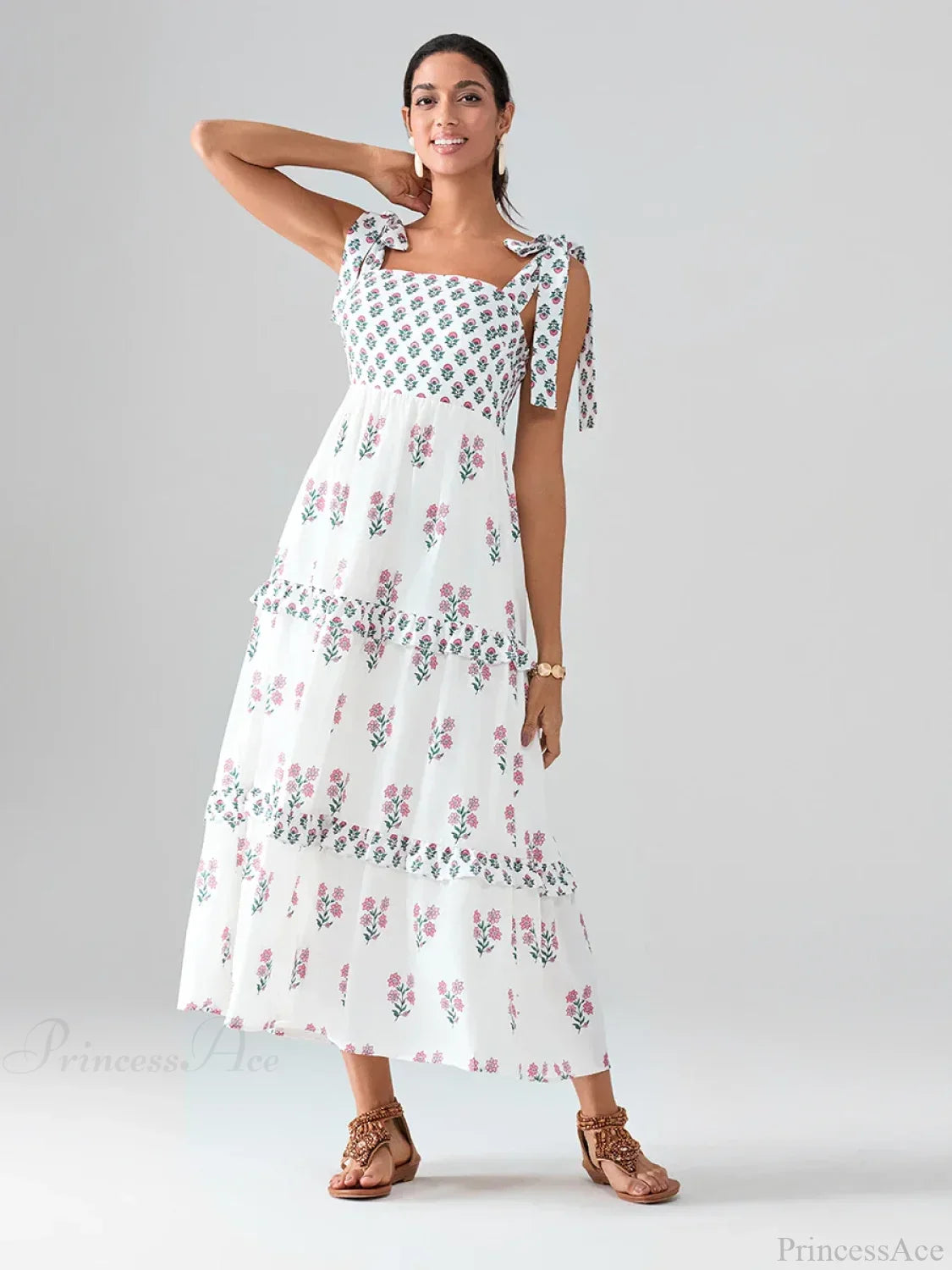 Wide Straps Flowy Floral Bohemian Beach Frill Trim Square Neck A-Line Dress