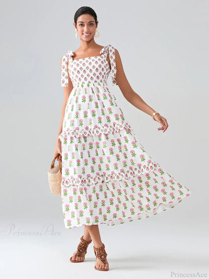 Wide Straps Flowy Floral Bohemian Beach Frill Trim Square Neck A-Line Dress