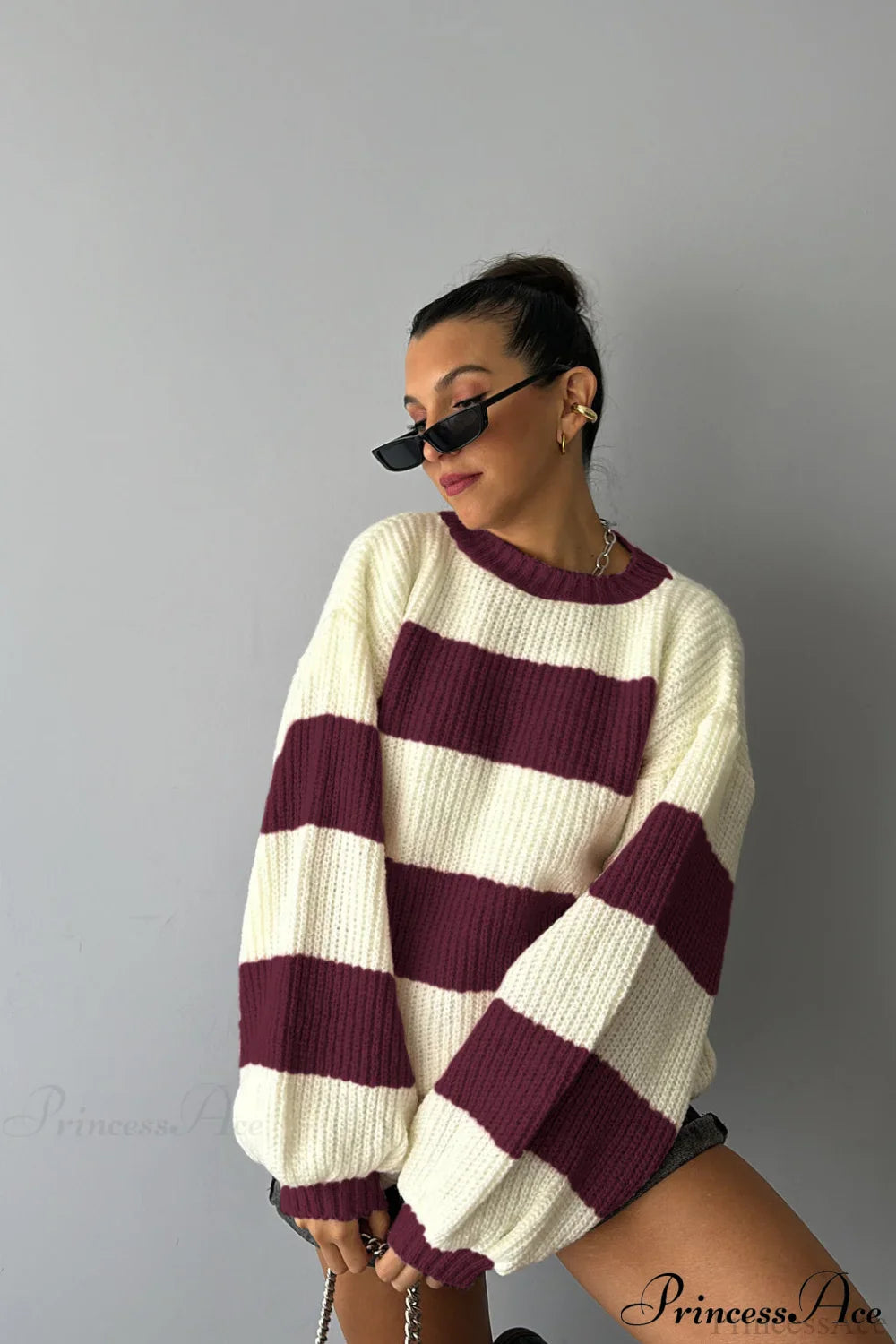 Wide Stripe Colorblock Oversized Crew Neck Pullover Sweater