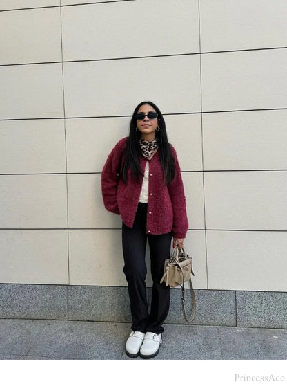 Wine Red Round Neck Button Cardigan