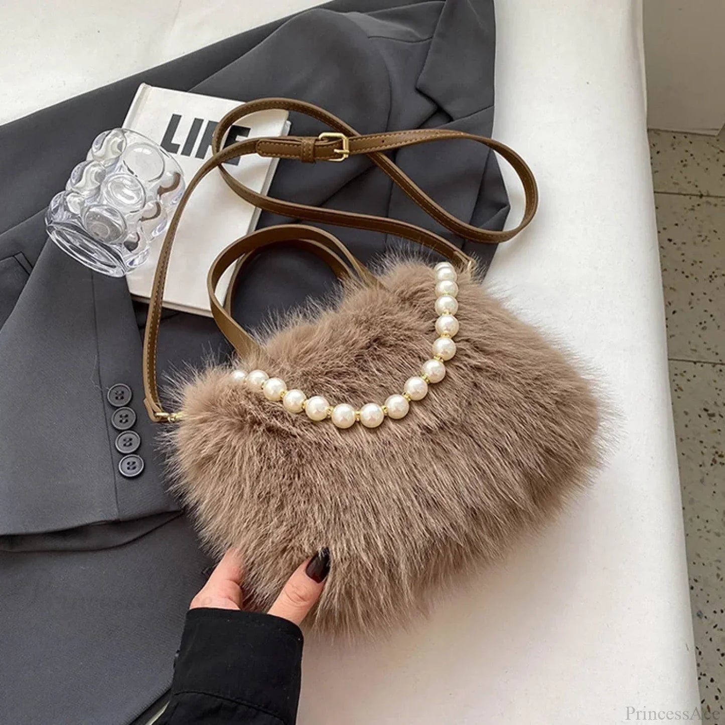 Winter Faux Fur Crossbody Pearl Chain Decor Handbag