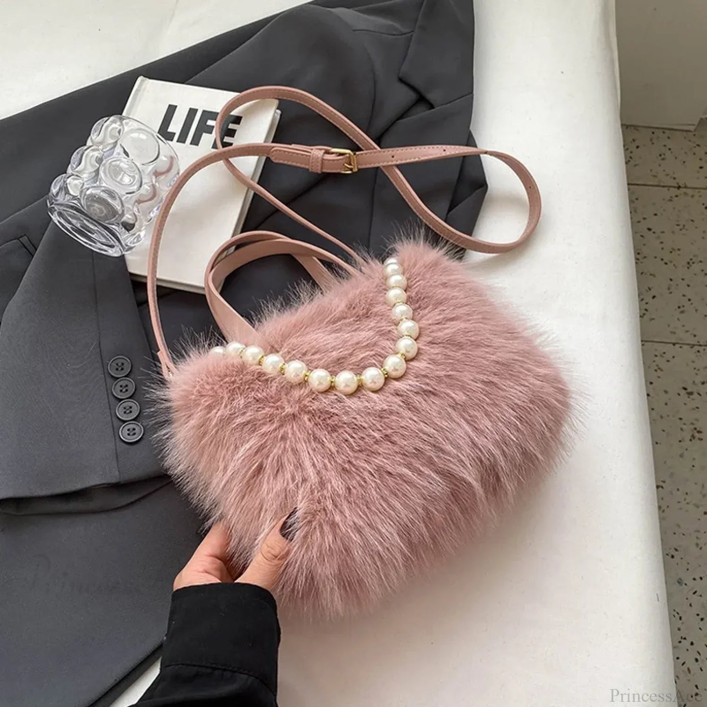 Winter Faux Fur Crossbody Pearl Chain Decor Handbag