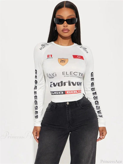 Winter Motor Style Letter Print Cyber Slim Knit Top