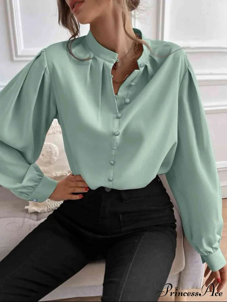 with Blouse Long Front Arm Button Mock Neck