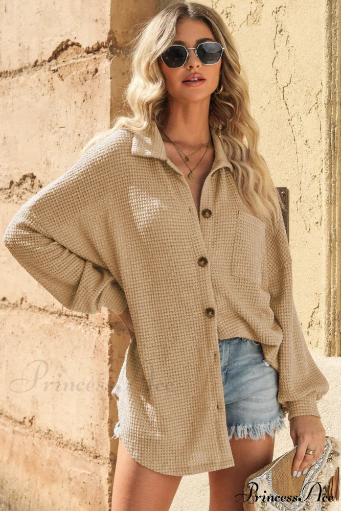 with Blouse Waffle-Knit Dropped Neck Collared Shoulder